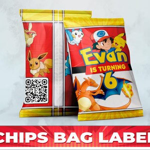 May include: A yellow, red, and blue chips bag label with a cartoon image of a boy wearing a red and blue hat with the text "Evan is turning 6". The label also features a cartoon image of a Pokemon character.