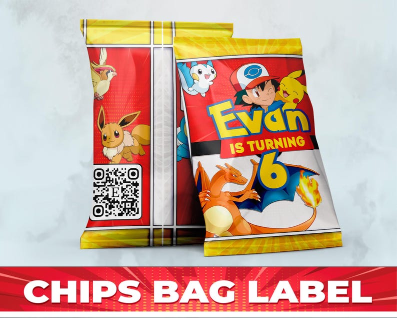 May include: A yellow, red, and blue chips bag label with a cartoon image of a boy wearing a red and blue hat with the text "Evan is turning 6". The label also features a cartoon image of a Pokemon character.