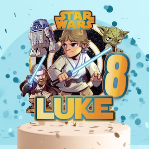 May include: A Star Wars themed cake topper featuring cartoon illustrations of Luke Skywalker, Obi-Wan Kenobi, R2-D2, and Yoda. The design includes the text Star Wars, the name LUKE in large gold letters, and the number 8 in a blue and gold font.