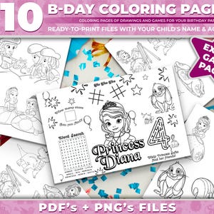 May include: A collection of printable coloring pages featuring Princess Diana and other characters. The pages include drawings, games, and a word search. The text on the image says "B-Day Coloring Pages" and "Ready-to-print files".