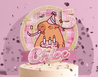 Pink Girl Capybara Cake Topper – Personalized Birthday Party Decor (Digital Download)