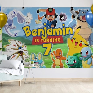Printable Poke Backdrop Birthday Party | Personalizable Mon Birthday Backdrop | Backdrop for theme Poke Party Pika kids