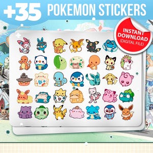 May include: A sheet of +35 Pokemon stickers featuring various colorful cartoon characters. The stickers are arranged on a white background with the text "Pokemon Stickers" at the top. A red circle with the text "Instant Download (Digital File)" is in the upper right corner.