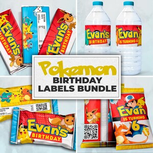 May include: A set of printable Pokemon birthday party labels featuring a red, yellow, and blue color scheme. The labels feature various Pokemon characters, including Pikachu, Eevee, and Charizard. The labels are designed for water bottles, candy bars, and snack bags. The labels include the text "Evan's Birthday" and "Evan is turning 6".