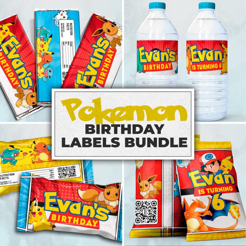 May include: A set of printable Pokemon birthday party labels featuring a red, yellow, and blue color scheme. The labels feature various Pokemon characters, including Pikachu, Eevee, and Charizard. The labels are designed for water bottles, candy bars, and snack bags. The labels include the text "Evan's Birthday" and "Evan is turning 6".
