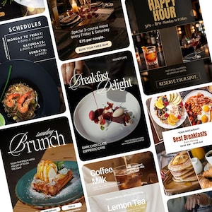 May include: A collage of restaurant menu advertisements. The ads feature images of food and drinks, including pasta, desserts, cocktails, and breakfast items. Text includes "Happy Hour," "Sunday Brunch," and "Breakfast Delight."
