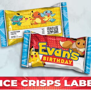 May include: A red, blue, and yellow rice crisps label with a cartoon image of Pikachu and other Pokemon characters. The label says "Evan's Birthday" and has a QR code.