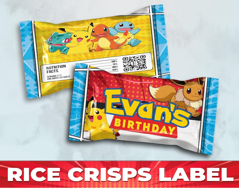 May include: A red, blue, and yellow rice crisps label with a cartoon image of Pikachu and other Pokemon characters. The label says "Evan's Birthday" and has a QR code.
