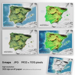 IBERISCHE Halbinsel Portugal Spanien Andorra topographische Landnutzung Abdeckung druckbare Poster-Karten, 5 Styles, hochauflösende 300 dpi auf A1-Papier