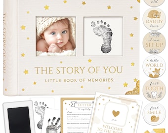 Baby Memory Book, Linen Keepsake with Photo Pockets & Milestone Stickers