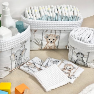 Paniers de rangement bébé en coton nid d’abeille – Panière à couches, produits, lingettes -  Accessoire table à langer fait main Oeko-Tex