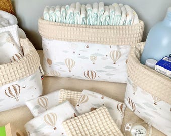Paniers de rangement bébé en coton nid d’abeille – Panière à couches, produits, lingettes -  Accessoire table à langer fait main Oeko-Tex