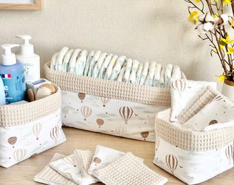 Paniers de rangement bébé en coton nid d’abeille – Panière à couches, produits, lingettes -  Accessoire table à langer fait main Oeko-Tex