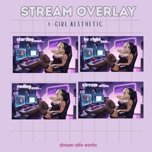 May include: Aesthetic stream overlay design with the text "STREAM OVERLAY" and "E-GIRL AESTHETIC". The design features four panels with a cartoon woman in a gaming setup, with text such as "starting soon...", "be right back...", "ending soon...", and "stream offline".