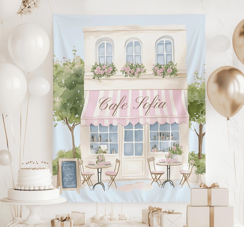 French cafe birthday decor Parisian bakery backdrop Paris themed party decorations Paris birthday banner