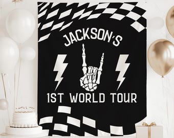 Banner de la Primera Gira Mundial, Letrero de Bienvenida de la Primera Gira Mundial, Decoración de Rock and Roll para Primer Cumpleaños, Banner de Cumpleaños con Tema Musical, Letrero de la Primera Gira Mundial