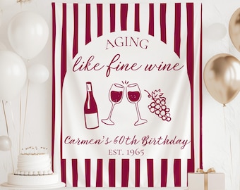 Banner "Invecchiamento come un buon vino" per qualsiasi età, banner di compleanno invecchiato alla perfezione, cartello di benvenuto, sfondo per 60° compleanno, decorazioni "Invecchiamento come un buon vino"