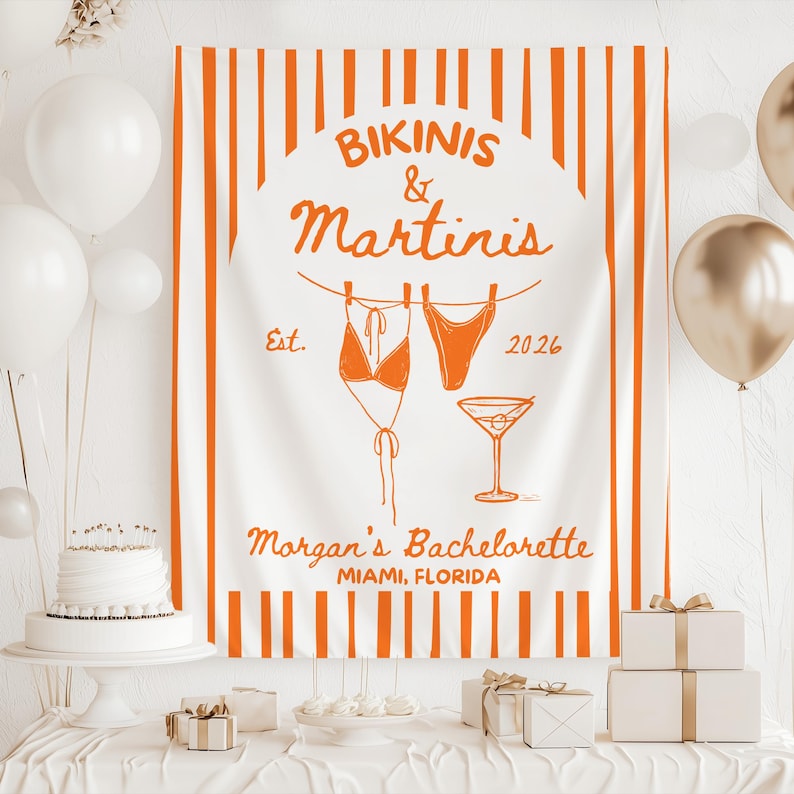 Martinis and bikinis bachelorette decor personalized bach club banner