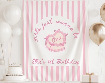 Girls Just Wanna Be ONE Banner, Girls Just Wanna Be One Decorations, Coquette 1st Birthday Decorations 1st Birthday Cake Smash Backdrop