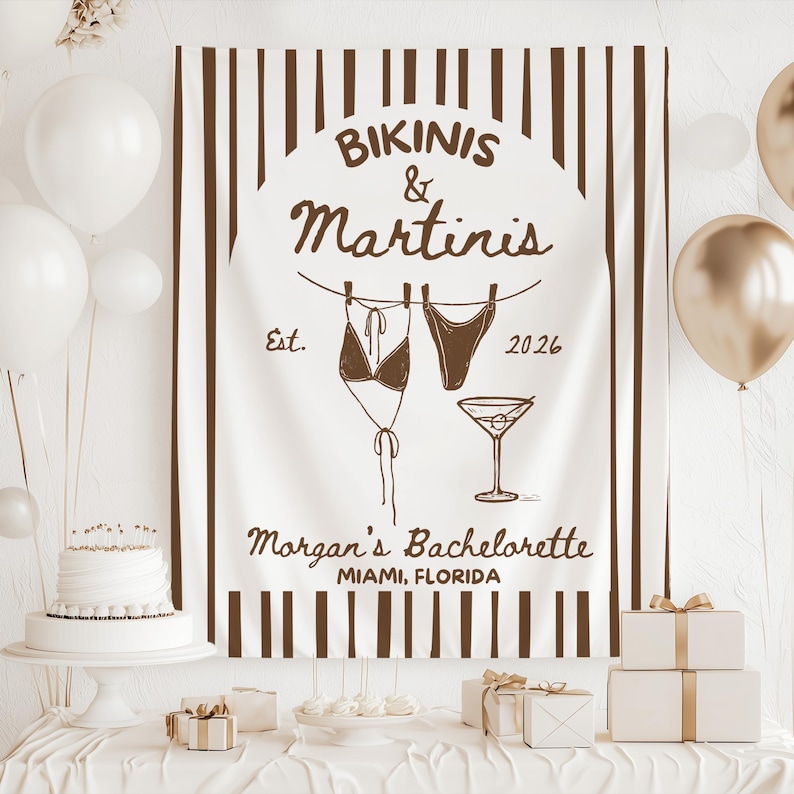 Bikinis und Martinis Bach Banner, Bikinis und Martinis-Dekor, Martinis und Bikini-Dekor, benutzerdefinierte Bachelorette Banner, Bach Club Banner Brown