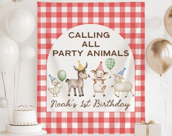 Striscione per il primo compleanno di animali da fattoria, striscione personalizzato per il primo compleanno in fattoria, cartello per il primo compleanno in fattoria, decorazioni per il primo compleanno in fattoria, sfondo per il primo compleanno in fattoria