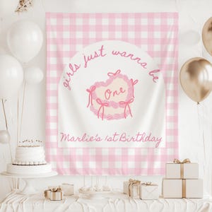 Coquette first birthday decorations Girls Just Wanna Be One backdrop custom bow 1st birthday banner retro cake party photo backdrop