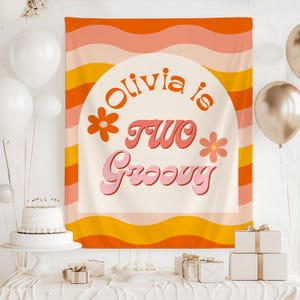 Two Groovy Birthday Backdrop, Retro Birthday Tapestry, 2nd Birthday Party Decor, Groovy Themed Photo Backdrop, Retro Party Decoration
