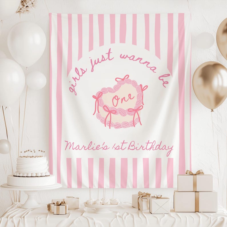 Girls Just Wanna Be One birthday backdrop coquette bow first birthday banner personalized retro cake party sign decor for girls