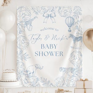 Banner de baby shower de safari, telón de fondo de baby shower de safari, letrero de bienvenida de toile de safari, telón de fondo de toile de safari, tapiz de toile de Jouy, letrero de toile