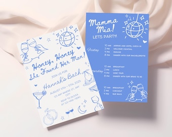 Plantilla de itinerario e invitación editable para despedida de soltera Mamma Mia, invitación para despedida de soltera Mamma Mia, invitación para despedida de soltera dibujada a mano