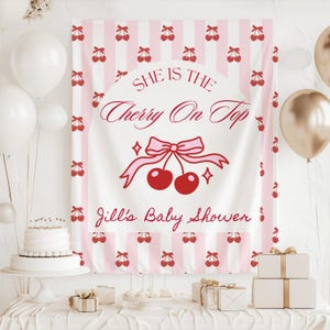 Cherry On Top Baby Shower Decor, Cherry Coquette Baby Shower Sign, Cherry Bow Bridal Shower Backdrop, Cherry Bachelorette Banner