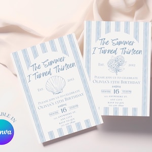Puede incluir: Dos invitaciones de cumpleaños a rayas azules y blancas. El texto en las invitaciones dice "The Summer I Turned Thirteen" e incluye detalles para el 13 cumpleaños de Olivia. Las invitaciones son editables en Canva.
