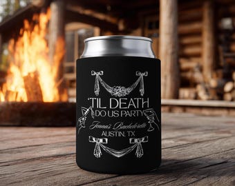 Raffreddatore per lattine "Finché morte non ci separi" per feste, bomboniere per feste di Halloween, bomboniera per addio al nubilato, raffreddatore per lattine "Finché morte non ci separi" a forma di cuore con scheletro e mano