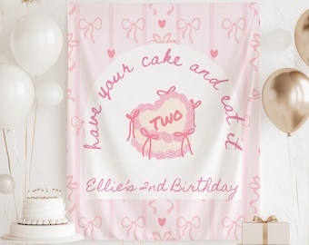 Have Your Cake and Eat It TWO Birthday Decorations, Cake 2nd Birthday Backdrop, Coquette 2nd Birthday Banner, Bow Birthday Decorations