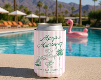 Margs and Matrimony Party Favors, Margaritas and Matrimony Can Coolers, Custom Bachelorette Can Cooler, Pink and Green Bachelorette Coolers