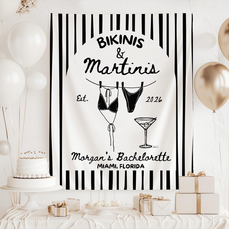 Bikinis und Martinis Bach Banner, Bikinis und Martinis-Dekor, Martinis und Bikini-Dekor, benutzerdefinierte Bachelorette Banner, Bach Club Banner Black