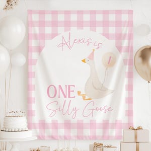Pink One Silly Goose Banner, One Silly Goose Tapestry, One Silly Goose Banner Girls, Silly Goose Birthday Decor, One Silly Goose Pink Plaid