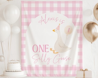 Pink One Silly Goose Banner, One Silly Goose Tapestry, One Silly Goose Banner Girls, Silly Goose Birthday Decor, One Silly Goose Pink Plaid