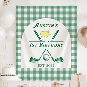 Golf 1st Birthday Banner, ANY AGE Golf Birthday Banner, Golf 1st Birthday Backdrop, Hole in One Welcome Sign, Plaid Golf Birthday Banner
