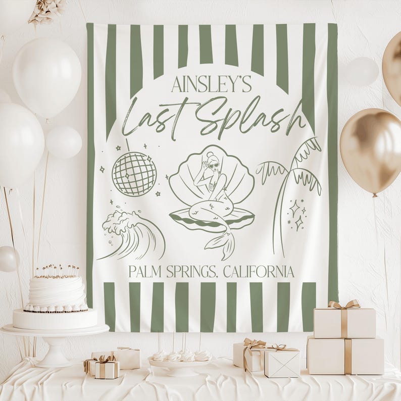 May include: A white and green striped backdrop with the text "AINSLEY'S Last Splash" and illustrations of a mermaid, disco ball, and palm trees. The backdrop is part of a party setup with balloons, a cake, and gifts.