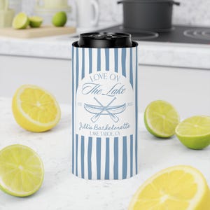 Custom bachelorette can coolers for lakeside bridal party weekend