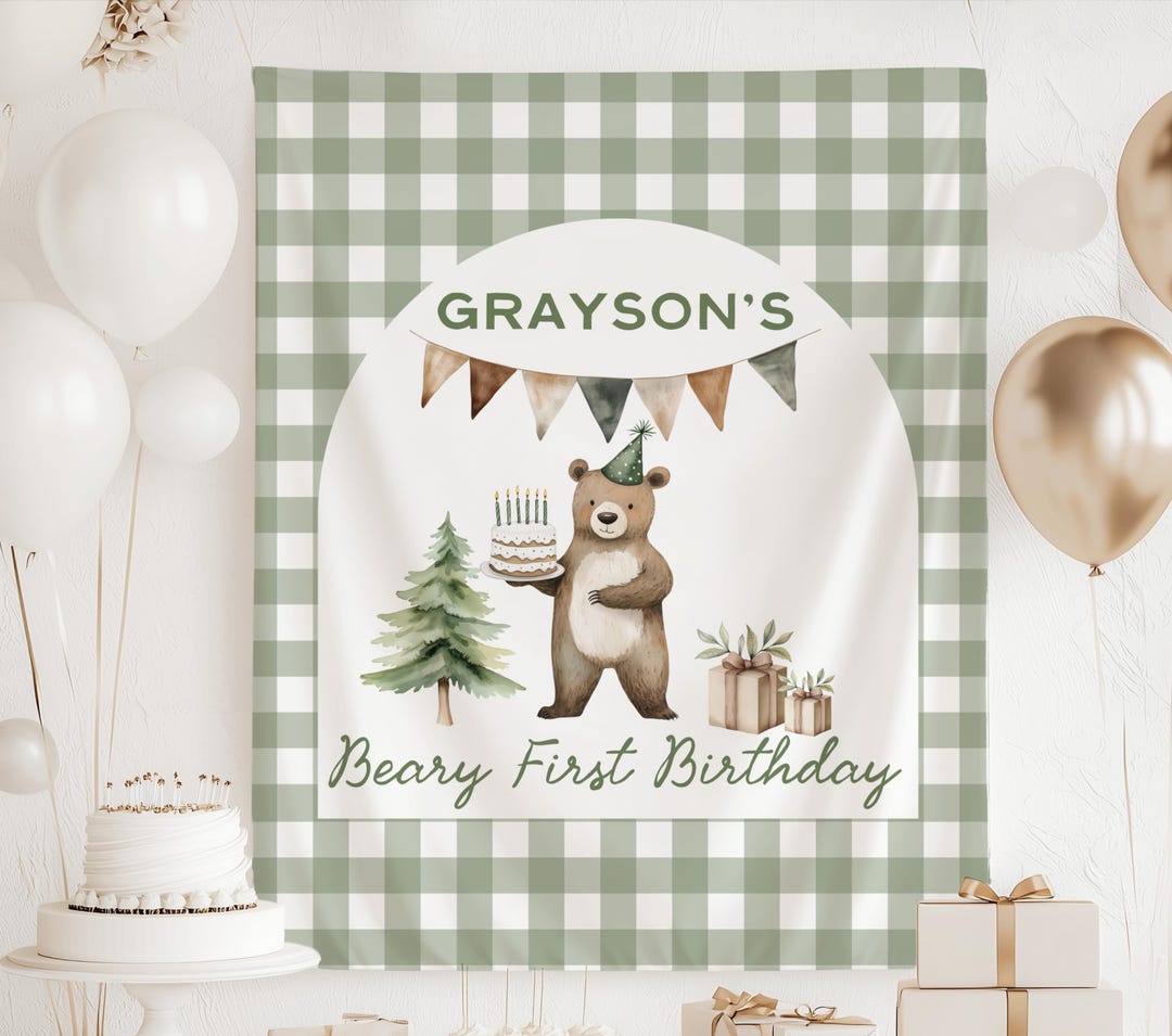Beary First Birthday Backdrop Woodland 1st Birthday Banner Beary 1st ...