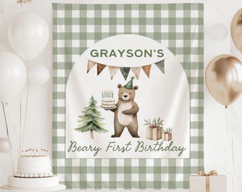 Sfondo per il primo compleanno dell'orso, striscione per il primo compleanno nel bosco, striscione per il primo compleanno dell'orso, decorazioni per il primo compleanno nel bosco, orso per il primo compleanno
