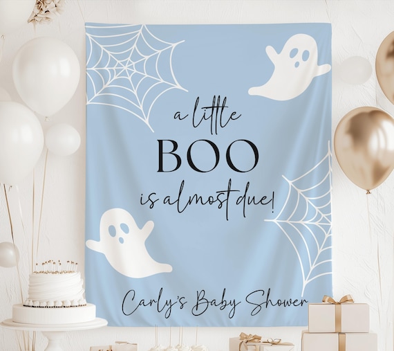 Little Boo Baby Shower Backdrop - 'A Little Boo Is Almost Due' Blue Ghost Theme Banner 70.8x43.3 Inch Halloween Baby Shower Backdrop
