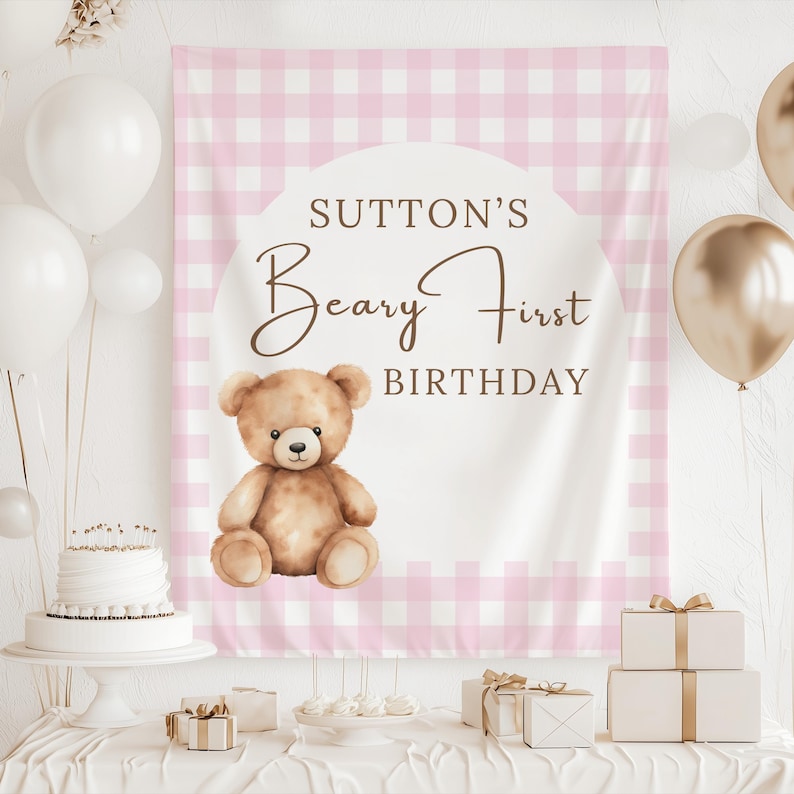 Beary 1st Birthday Party Decorations Teddy Bear First Birthday Banner Backdrop for Baby Boy or Girl
