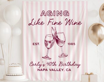 Banner di compleanno con vino invecchiato come un buon vino per qualsiasi età, sfondo invecchiato alla perfezione, decorazioni per compleanno con vino, banner di compleanno personalizzato, banner di vino