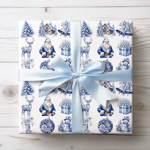 Elegant Blue Toile Christmas Wrapping Paper, Chinoiserie Gift Wrap, Toile de Jouy Holiday Paper, Stylish Christmas Decor