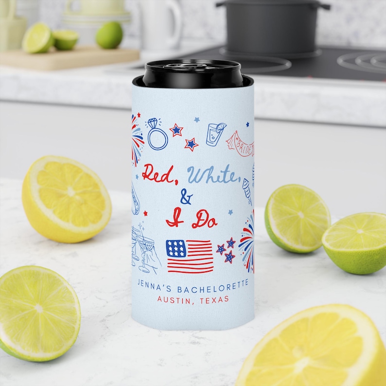 Fourth of July Bachelorette Favors Red White and Blue Can Cooler