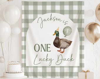 Eine glückliche Enten-Geburtstagskulisse, ein glückliche Enten-Willkommensschild, eine glückliche Enten-Geburtstagsfahne, personalisierte Stockenten-Geburtstagsdekoration