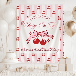 Cherry on Top Birthday Decorations, Cherry Coquette Birthday Backdrop, Cherry Bow Birthday Party Sign, Hand Drawn Cherry Birthday Banner